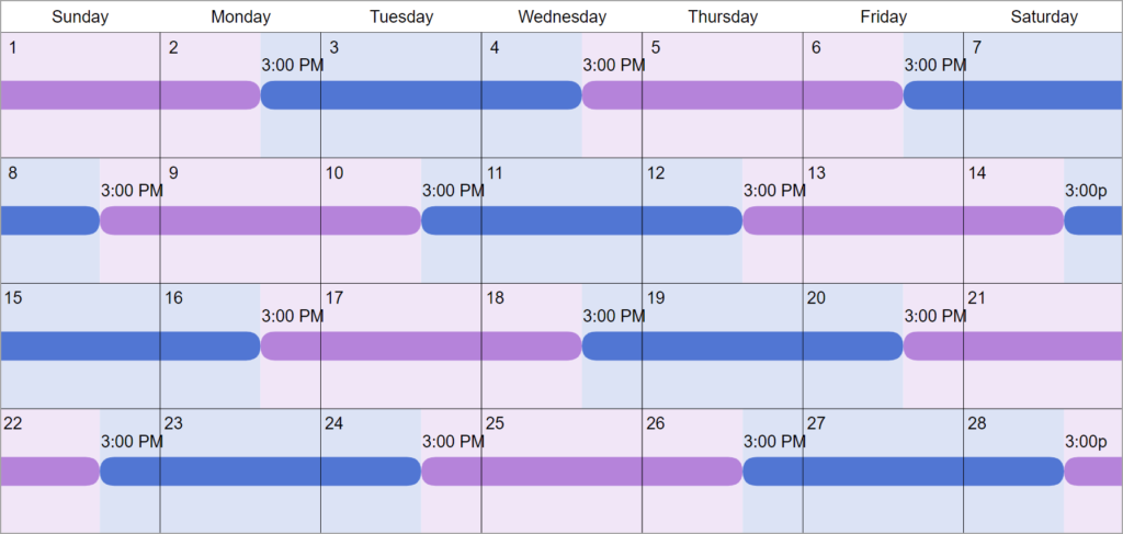 Alternating every 2 days schedule