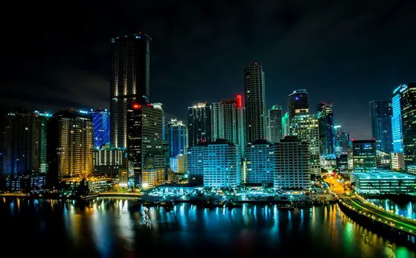 View of commercial buildings in Miami during night