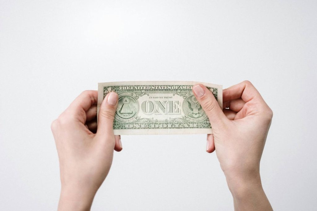 person holding out dollar bill